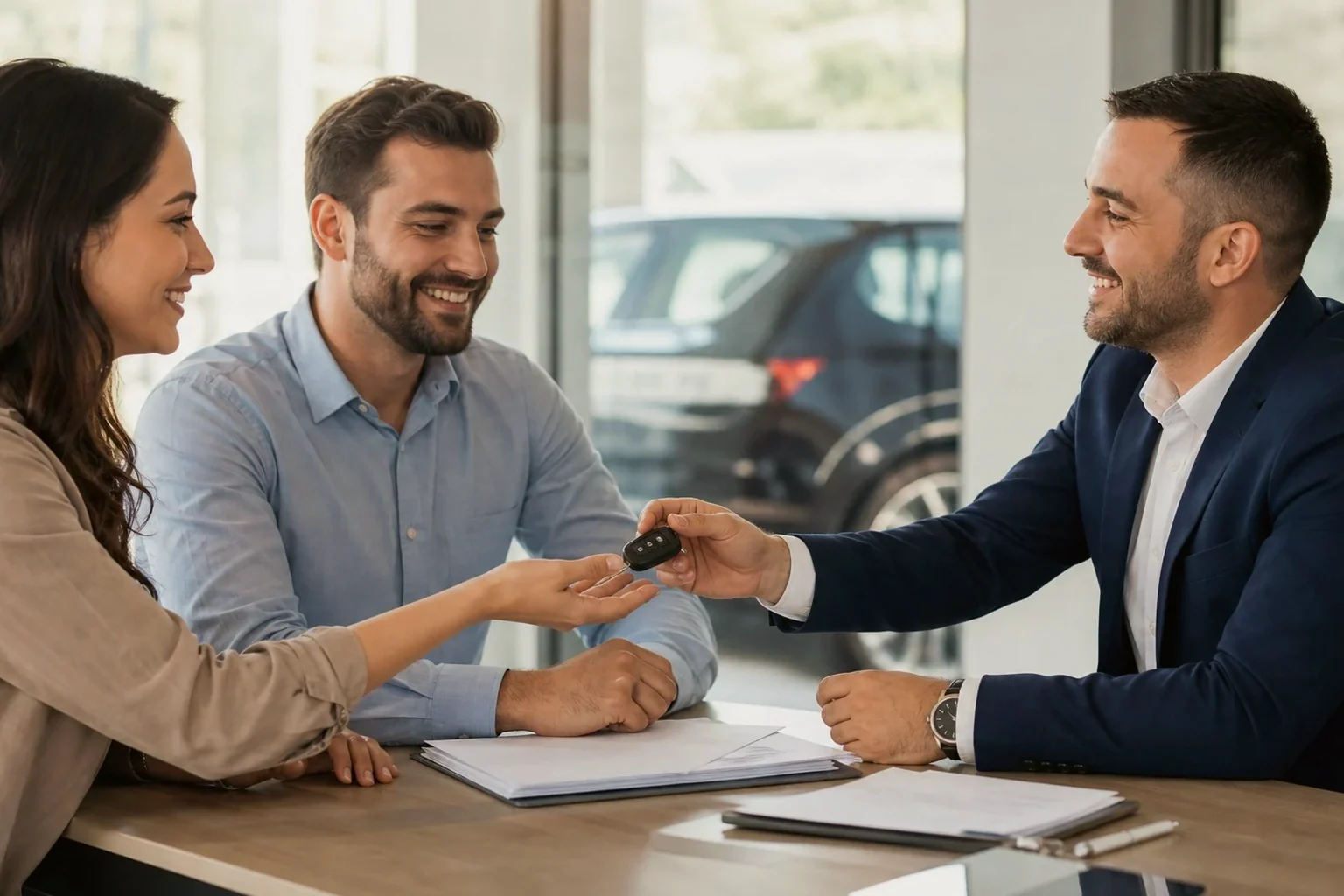 Despachante ajudando um cliente na transferência de veículo.