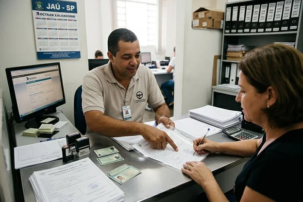 Despachante auxiliando cliente na transferência de veículo.