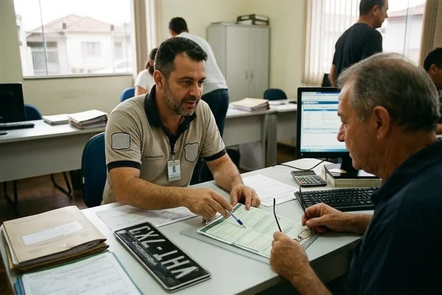 Profissional prestando informações sobre licenciamento de veículo em ambiente de trabalho.